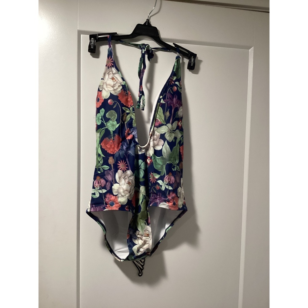 Motel Rocks Sunny Day One Piece Swimsuit Botanical Navy Floral Plunge Halter M